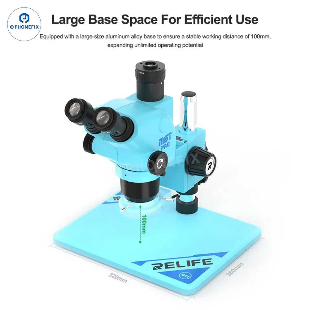 Microscopio estereoscópico trinocular RELIFE RL-M6T Pro B11 de 6.5X-65X con oculares ajustables y cabezal binocular robusto.