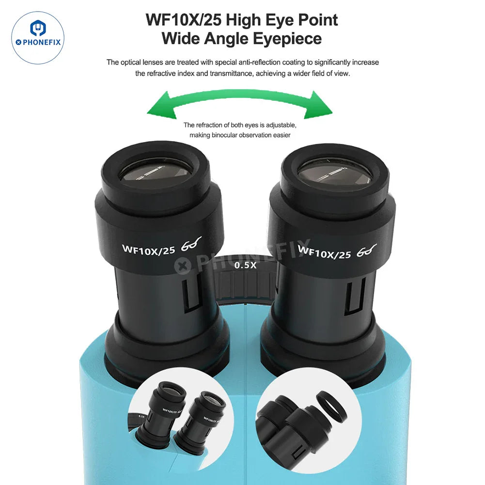Microscopio estereoscópico trinocular RELIFE RL-M6T Pro B11 de 6.5X-65X con oculares y mandos de enfoque; se aprecian con detalle los componentes ópticos.