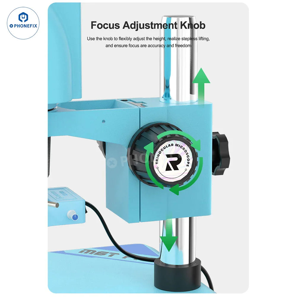 Microscopio estereoscópico trinocular RELIFE RL-M6T Pro B11 de 6.5X a 65X con oculares ajustables y soporte robusto, utilizado para inspecciones detalladas.