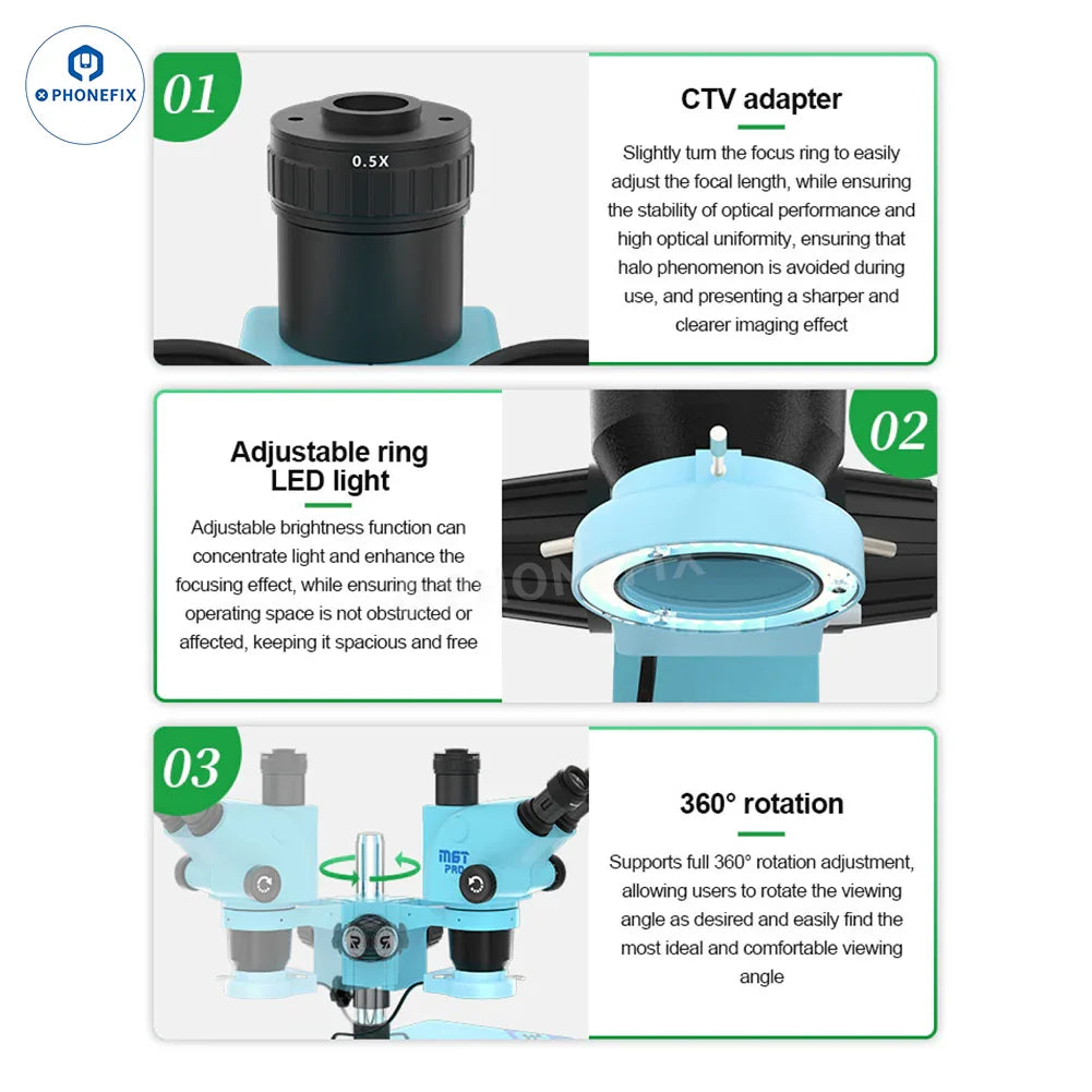 Microscopio estereoscópico trinocular RELIFE RL-M6T Pro B11 de 6.5X a 65X con oculares y soporte ajustable, utilizado para la observación detallada.