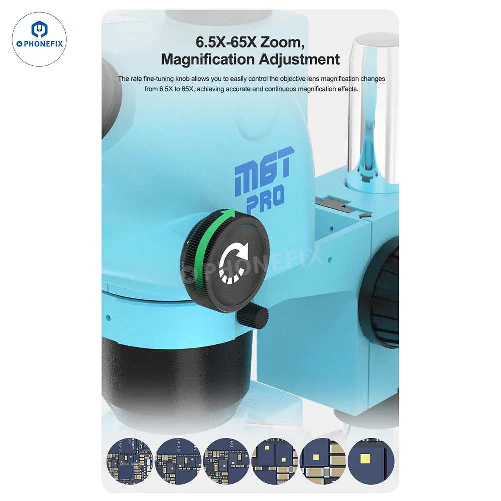 Microscopio estereoscópico trinocular RELIFE RL-M6T Pro B11 de 6.5X a 65X con oculares ajustables y robusto marco de metal.