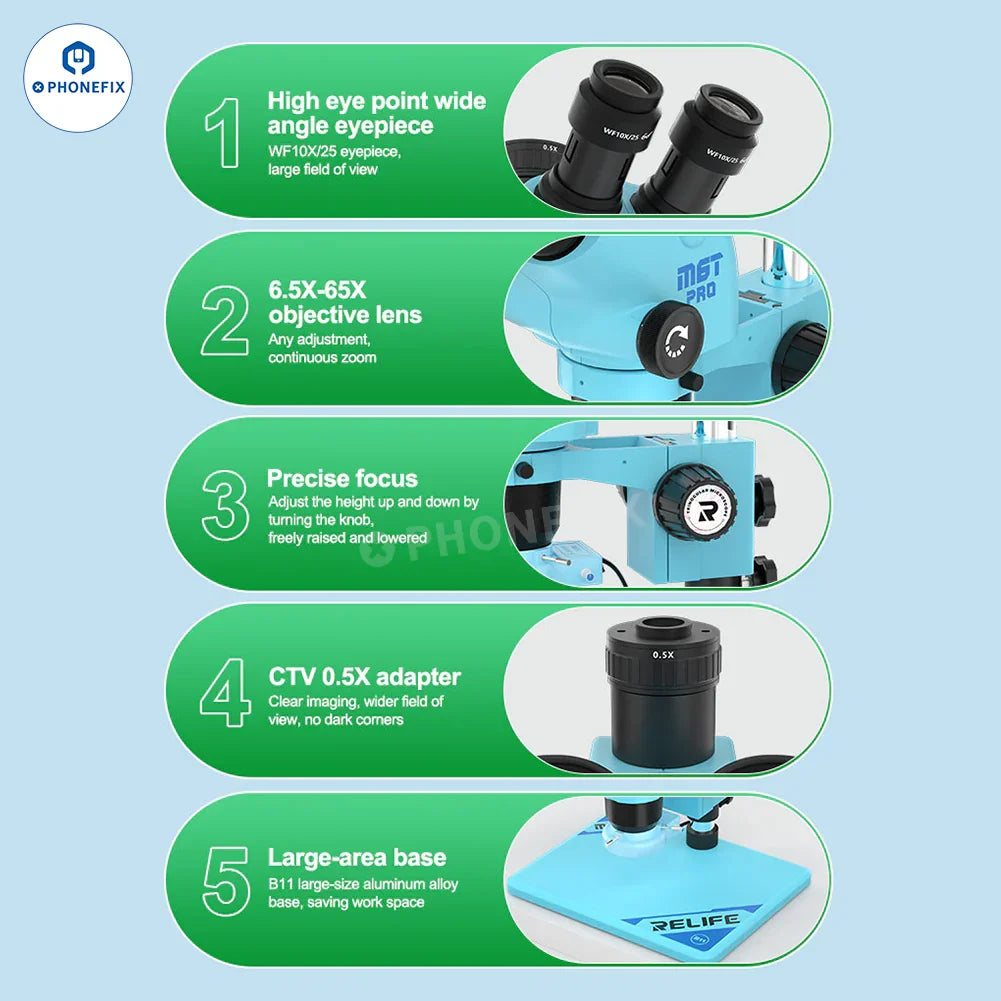 Microscopio estereoscópico trinocular RELIFE RL-M6T Pro B11 de 6.5X a 65X con oculares y platina, utilizado para la visualización detallada y la ampliación.