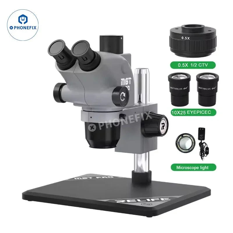 Microscopio estereoscópico trinocular RELIFE RL-M6T Pro B11 de 6.5X-65X con fondo gris, vista detallada del ocular y el cuerpo del microscopio.