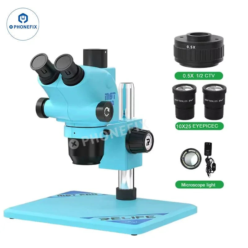 Microscopio estereoscópico trinocular Blue RELIFE RL-M6T Pro B11 de 6.5X-65X con oculares ajustables y base robusta para una visualización detallada.