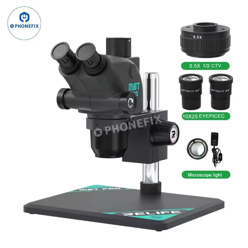 Microscopio estereoscópico trinocular RELIFE RL-M6T Pro B11 negro, con aumento de 6.5X a 65X, oculares ajustables y base robusta.