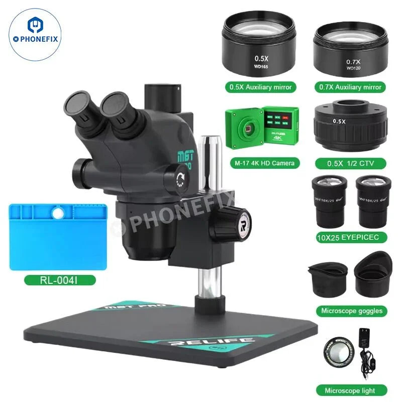 Microscopio estereoscópico trinocular RELIFE RL-M6T Pro B11 de 6.5X-65X con marco negro, oculares ajustables y diseño ergonómico.
