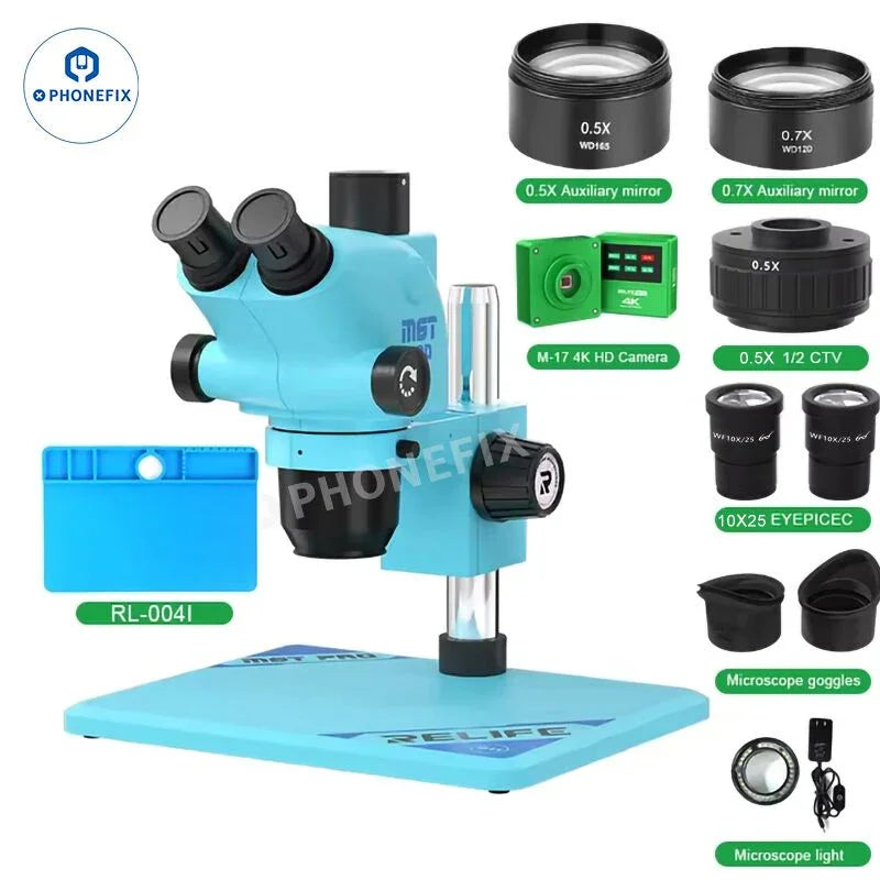 Blue RELIFE RL-M6T Pro B11 6.5X-65X trinocular stereo microscope with adjustable eyepieces and focus, used for detailed inspection.