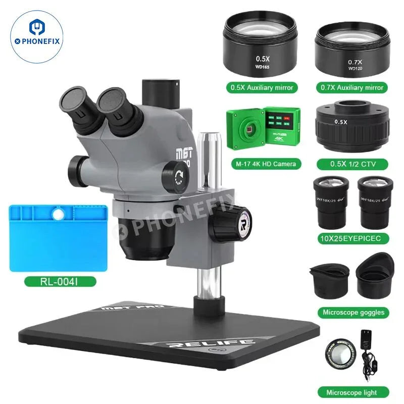 Microscopio estereoscópico trinocular Relife RL-M6T Pro B11 de 6.5X a 65X con cuerpo gris y oculares ajustables para una visualización detallada.