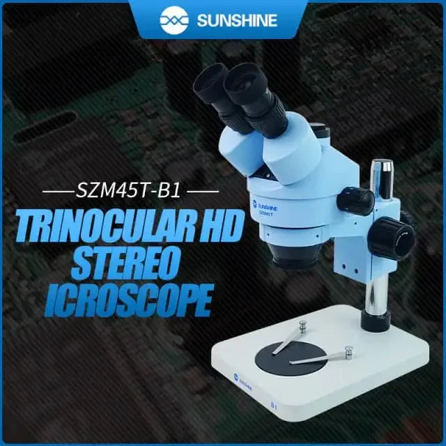 Trinocular stereo microscope with 7x-45x zoom and LED lamp by PHONEFIX, showing the adjustable eyepieces and illumination setup.