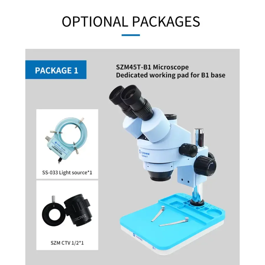 PhoneFIX 7X-45X SZM45T-B1 trinocular stereo microscope with LED lamp, featuring adjustable magnification and modern optical design.