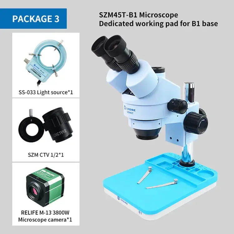 PhoneFix 7x-45x SZM45T-B1 trinocular stereo microscope with LED lamp, featuring adjustable magnification and bright illumination.