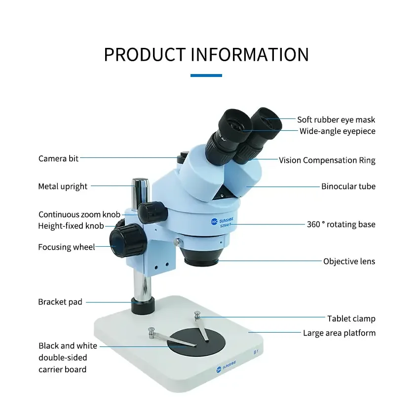 PhoneFIX 7X-45X SZM45T-B1 trinocular stereo microscope with LED lamp, featuring adjustable magnification and bright illumination.