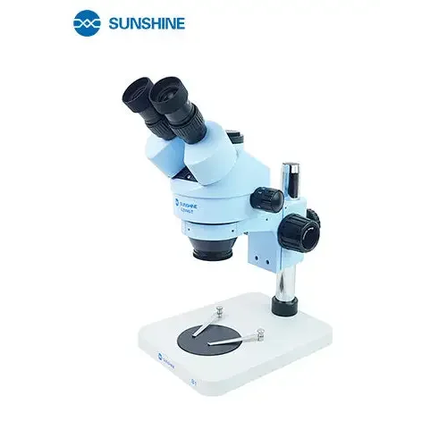Phonefix 7X-45X SZM45T-B1 trinocular stereo microscope with LED lamp, showing eyepieces and adjustable focus for detailed viewing.