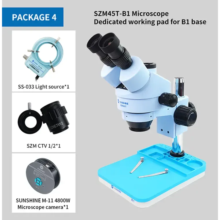 PhoneFix 7X-45X SZM45T-B1 trinocular stereo microscope with LED lamp, detailed view of microscope with adjustable lighting.