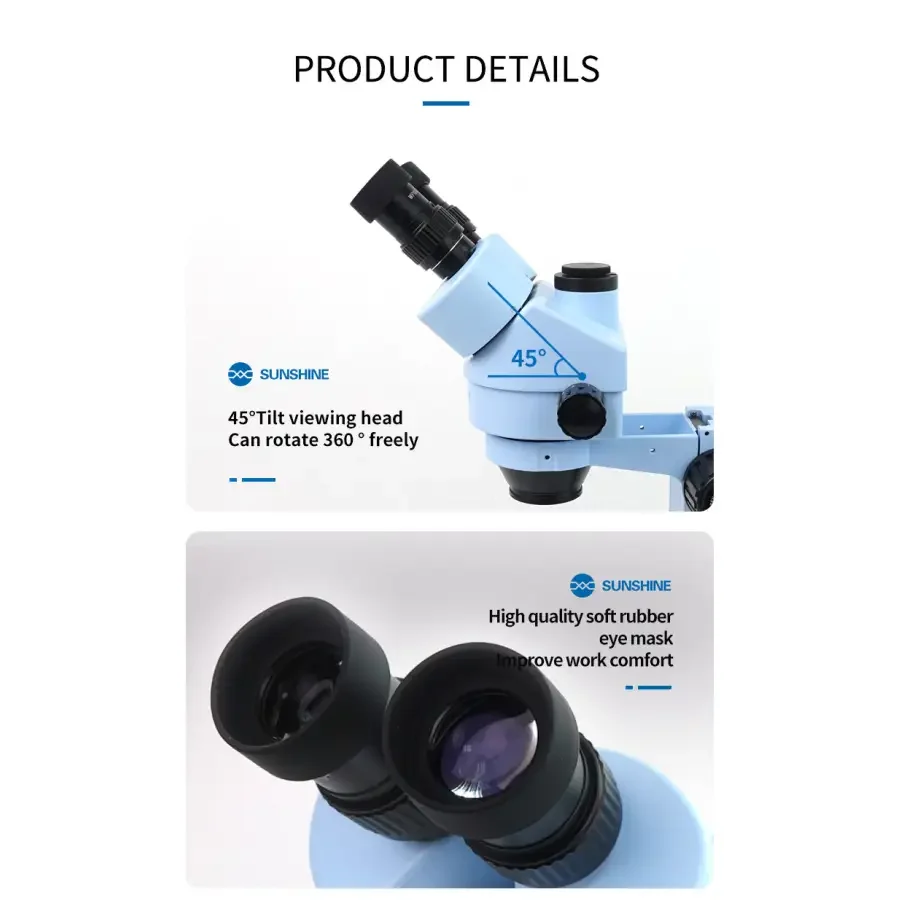 PhoneFix 7X-45X SZM45T-B1 trinocular stereo microscope with LED lamp, featuring adjustable magnification and ergonomic design.