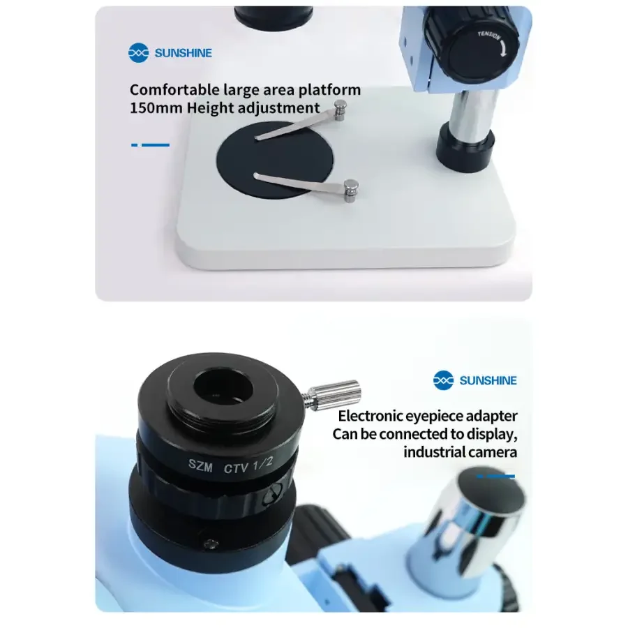 PhoneFix 7x-45x SZM45T-B1 trinocular stereo microscope with LED lamp, featuring adjustable magnification and ergonomic design.