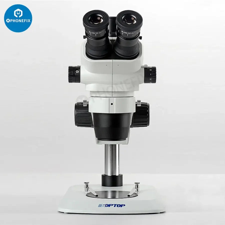 Zoom Stereo Trinocular Microscope by PHONEFIX, showing detailed lenses and adjustable focus on a clean white background.