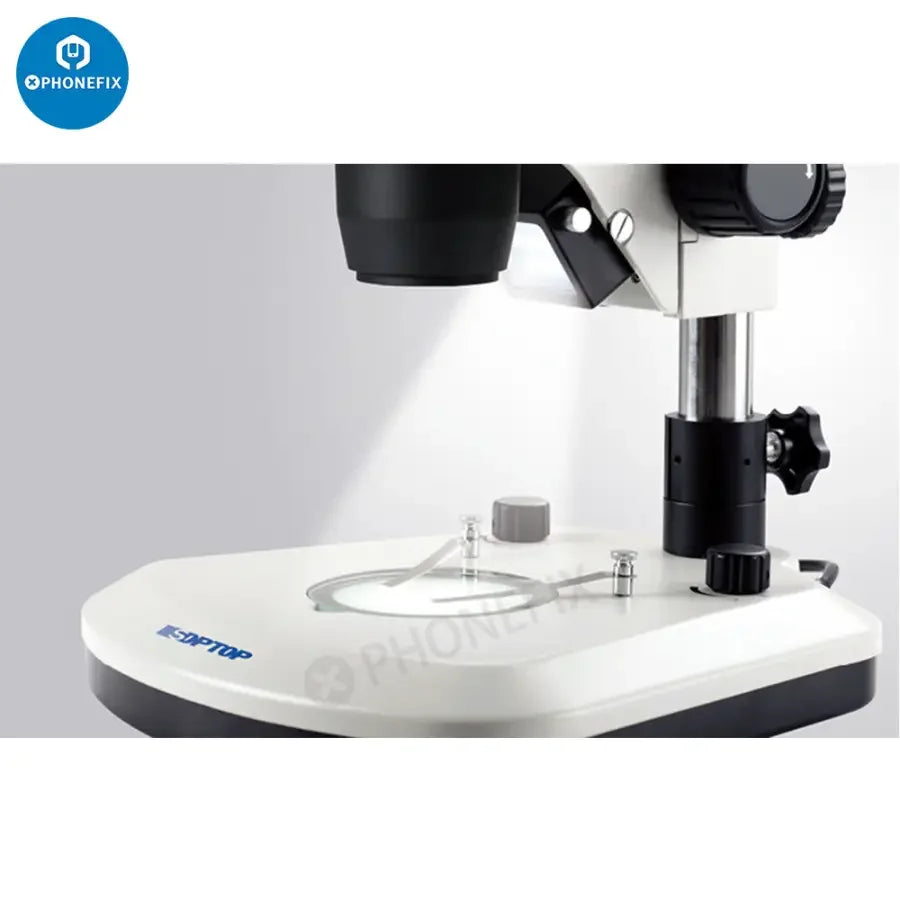 SZN71 Zoom Stereo Trinocular Microscope by PHONEFIX showing dual eyepieces and adjustable zoom lens for detailed viewing.
