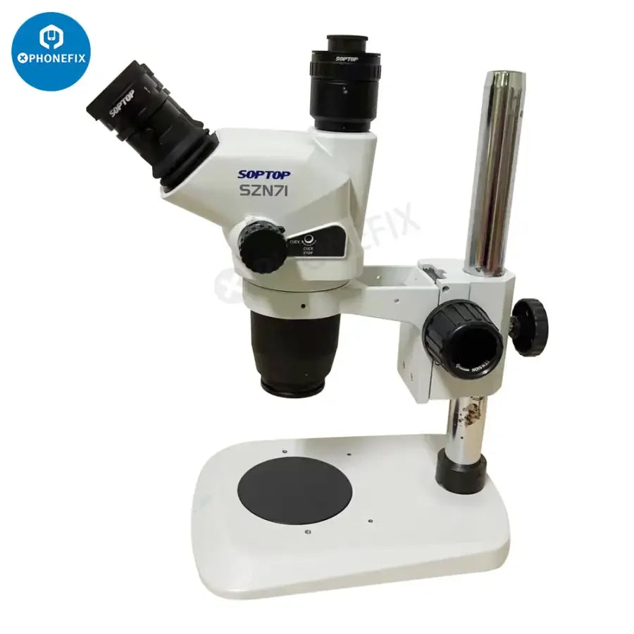 Zoom Stereo Trinocular Microscope by PHONEFIX, featuring adjustable lenses and a sturdy stand for detailed scientific observation.