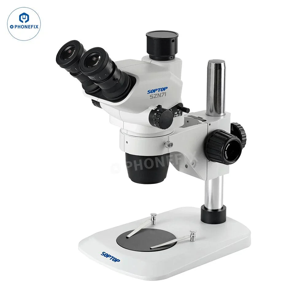 Zoom stereo trinocular microscope by PHONEFIX with adjustable eyepieces and a sturdy stand for detailed viewing.