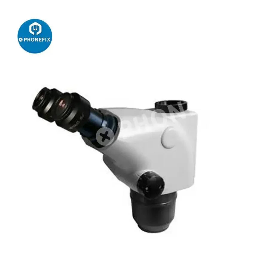 PHONEFIX 6.5X-65X Simul-Focal Trinocular Stereo Microscope Head for PCB Repair, with adjustable focus and binocular viewing.