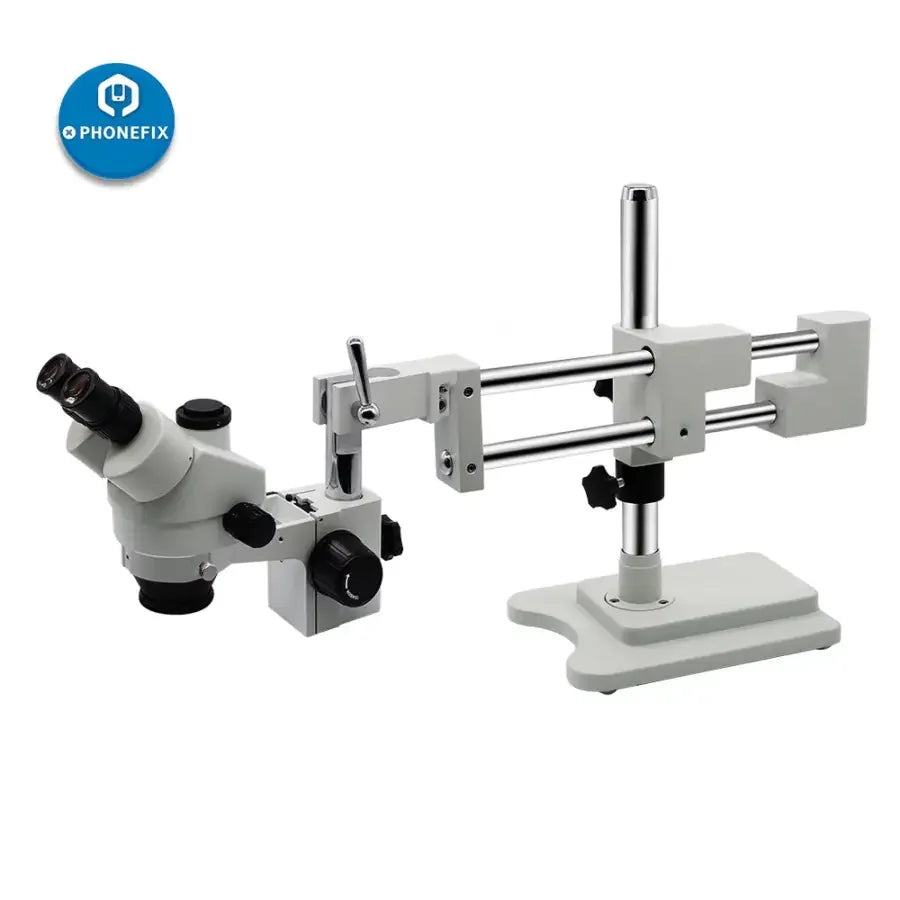 PHONEFIX 7X-45X Simul-Focal Double Boom Stand Trinocular Stereo Microscope with adjustable viewing heads and sturdy support.