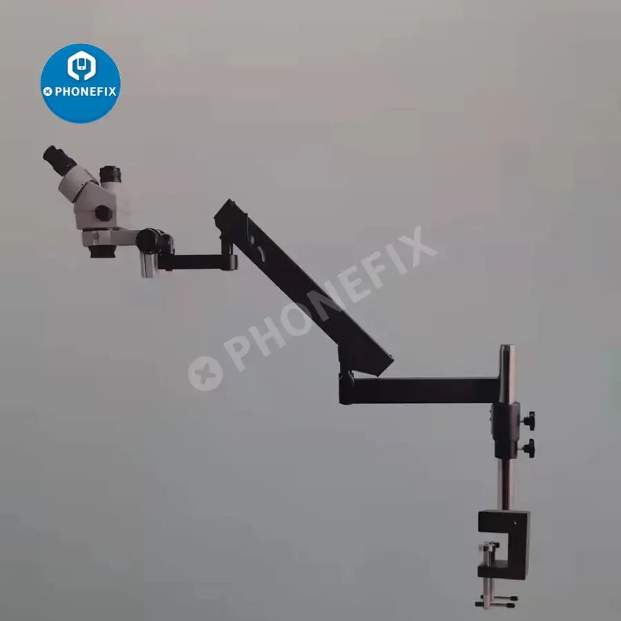 PhoneFix 7X-45X Simul-Focal Double Boom Stand Trinocular Stereo Microscope showing adjustable eyepieces and sturdy stand