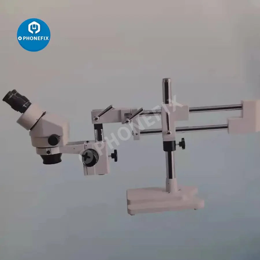 PhoneFIX 7X-45X Simul-Focal Double Boom Stand Trinocular Stereo Microscope for detailed magnified viewing.