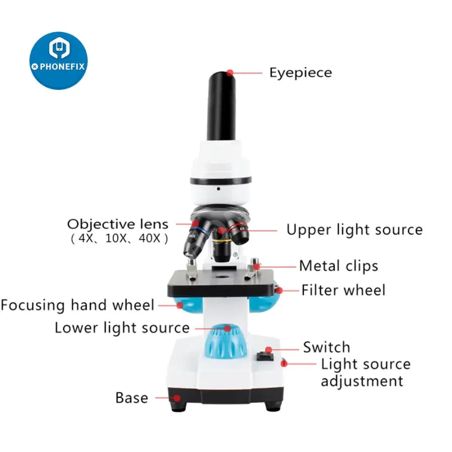 PHONEFIX biological HD microscope with 2000x zoom, suitable for student laboratory education, includes US and EU plug adapters.