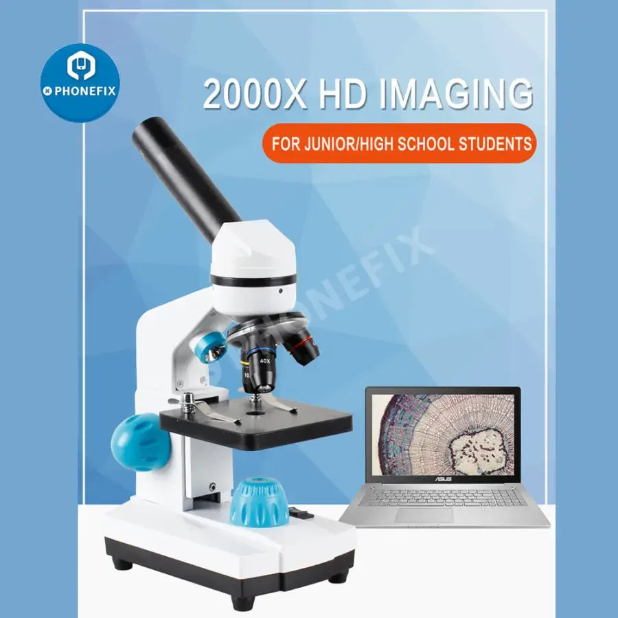 PHONEFIX biological HD microscope with 2000x zoom, suitable for student laboratory education, includes US and EU plugs.