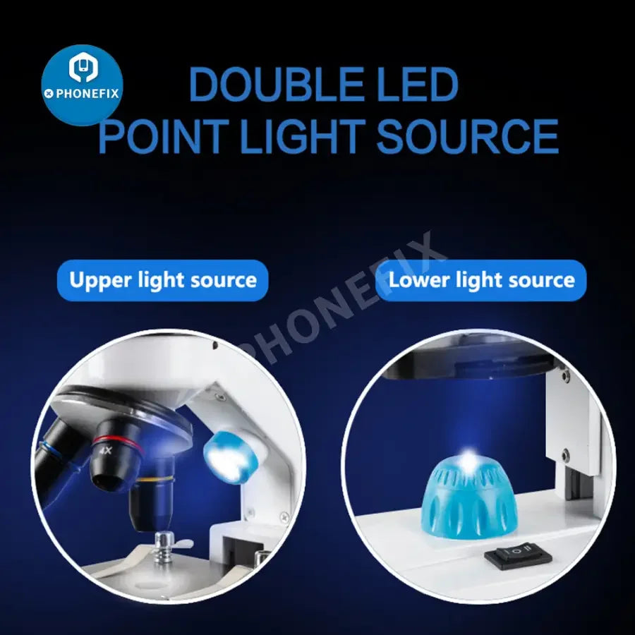 PHONEFIX 2000x zoom biological HD microscope with US and EU plugs, ideal for student laboratory education and biological research.
