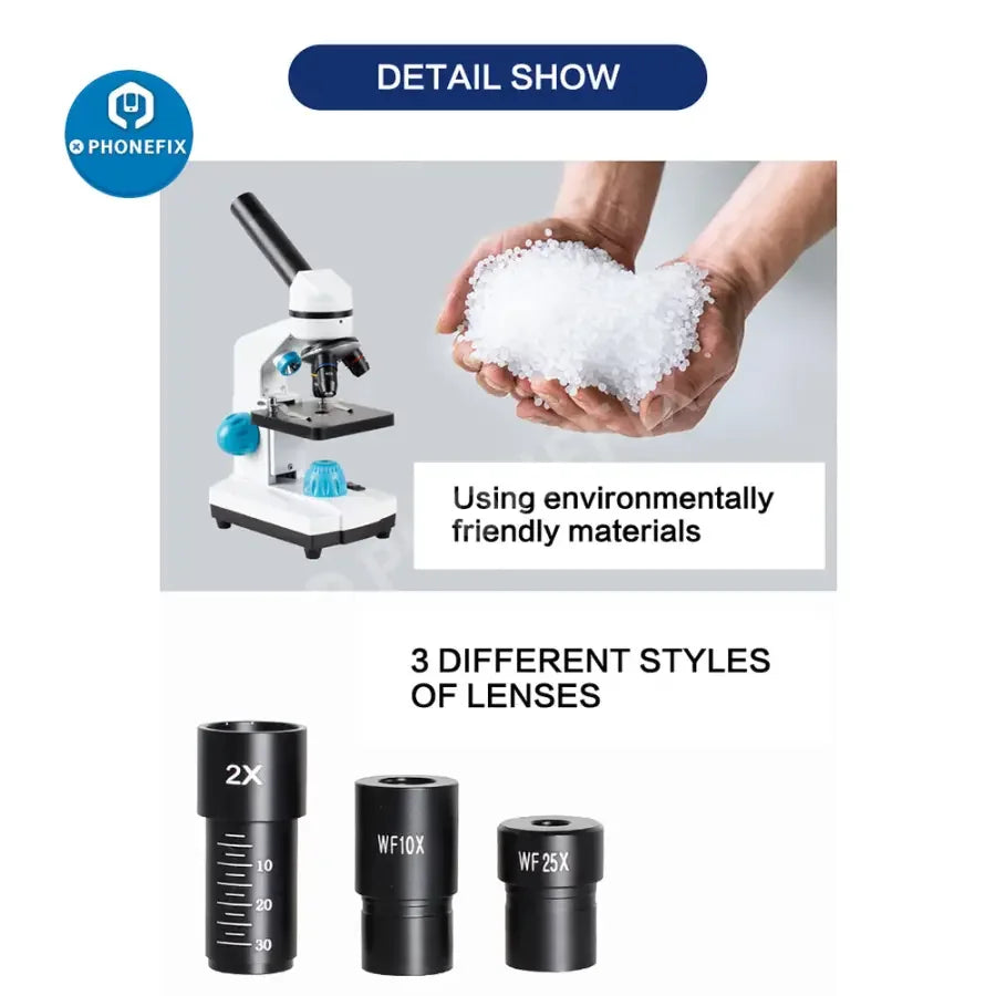 PHONEFIX biological HD microscope with 2000x zoom, suitable for student lab education, featuring US and EU plugs in package.