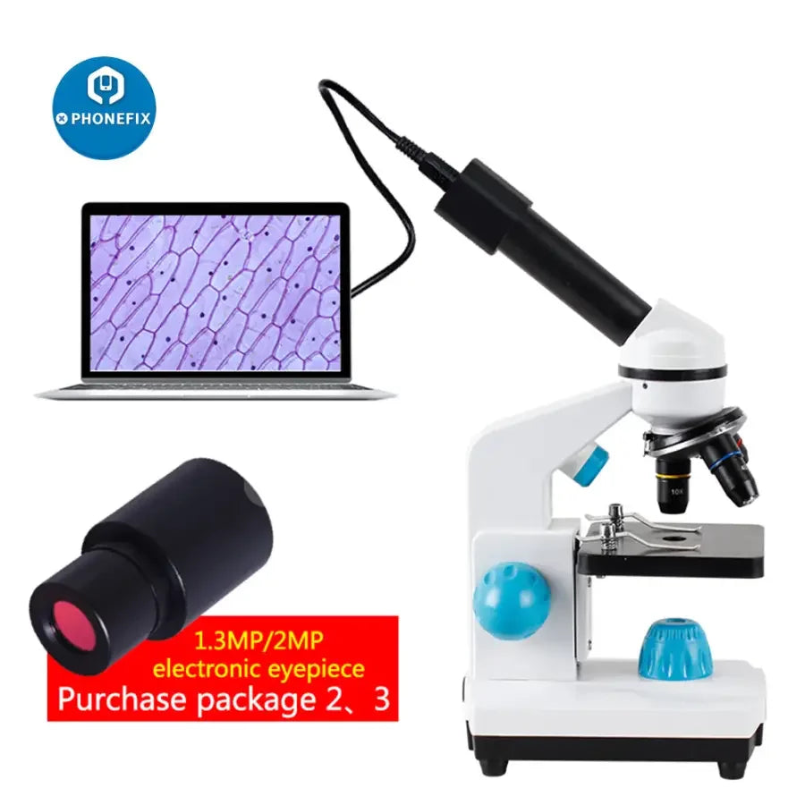 PHONEFIX biological HD microscope with 2000x zoom, suitable for student lab education, shown with US and EU plugs.