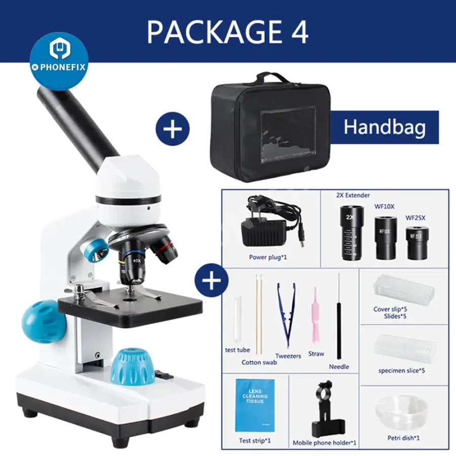 PHONEFIX 2000x zoom biological HD microscope with US and EU plugs, ideal for student laboratory education and scientific observation.