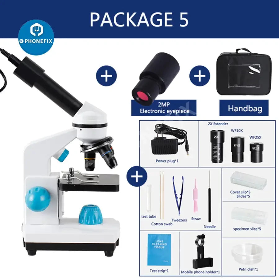 PHONEFIX 2000x zoom biological HD microscope for student laboratory education, with US and EU plug options, showing detailed view.