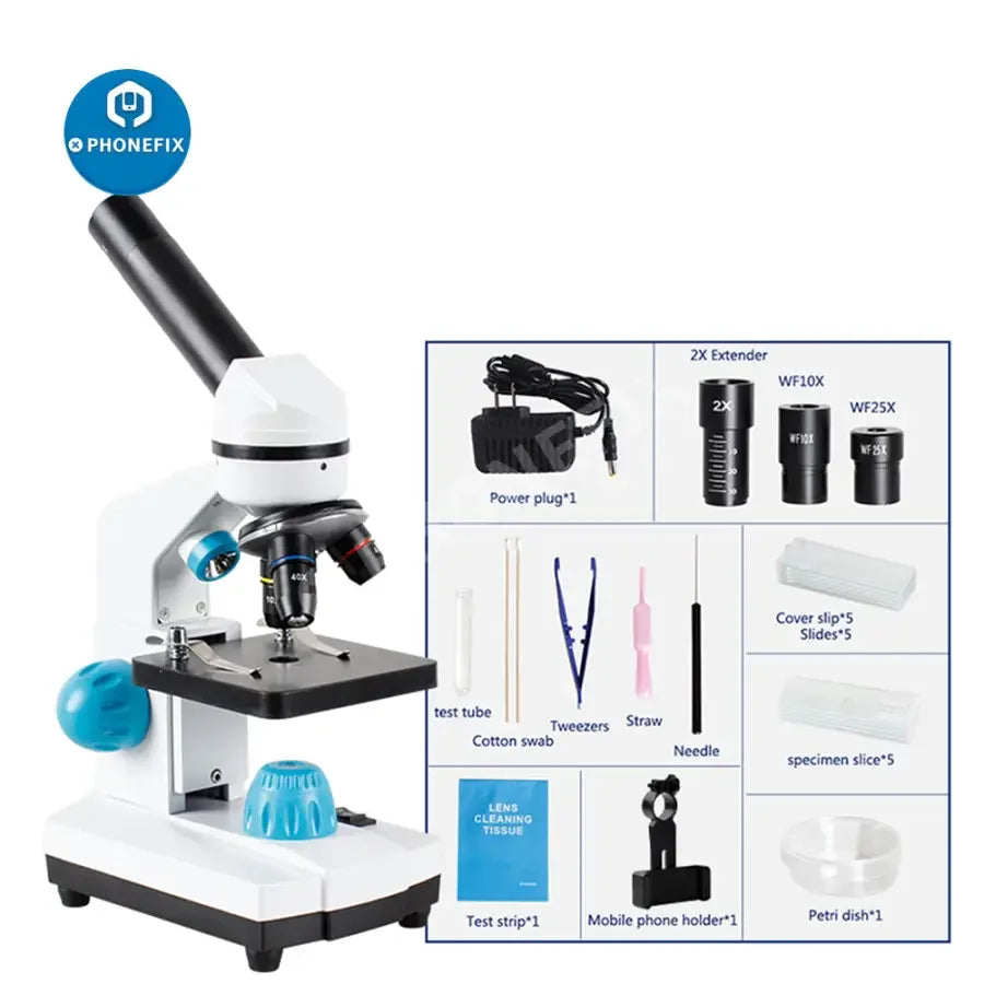 PhoneFix biological HD microscope with 2000x zoom for student laboratory education, includes US and EU plugs.