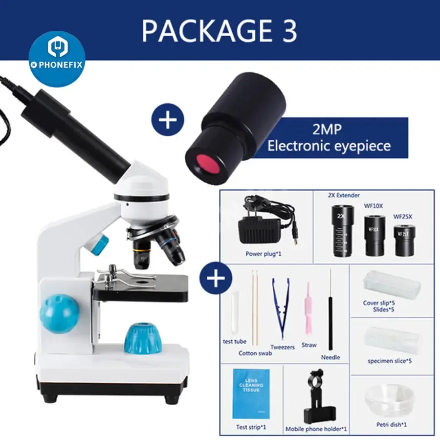 PHONEFIX biological HD microscope with 2000x zoom, suitable for student lab education, featuring US and EU plug options.