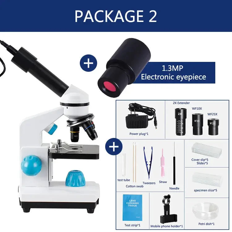 PHONEFIX biological HD microscope with 2000x zoom, suitable for student laboratory education, includes US and EU plug options.