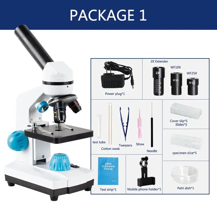 PHONEFIX biological HD microscope with 2000x zoom, suitable for student laboratory education, includes US and EU plug adapters.