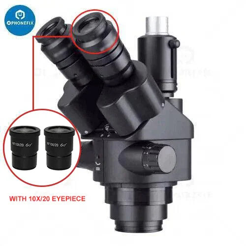 Tête de microscope stéréo trinoculaire à zoom continu PHONEFIX 7X-45X avec mise au point réglable et ports de visualisation.