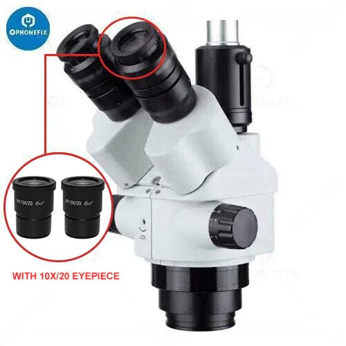 Tête de microscope stéréo trinoculaire à zoom continu PHONEFIX 7X-45X avec oculaire 10X, vue détaillée des composants optiques.