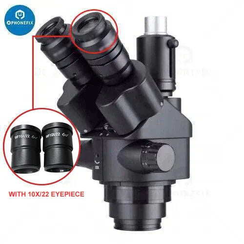 Tête de microscope stéréo trinoculaire à zoom continu Phonefix 7x-45x avec oculaires et boutons de réglage, idéale pour une inspection détaillée.