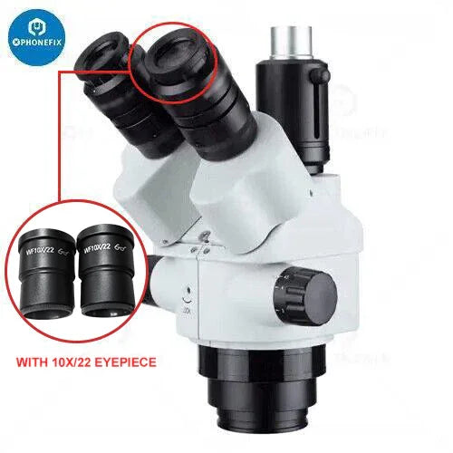 Tête de microscope stéréo trinoculaire à zoom continu PHONEFIX 7X-45X avec oculaires 10X-22W, pour une visualisation grossie détaillée.