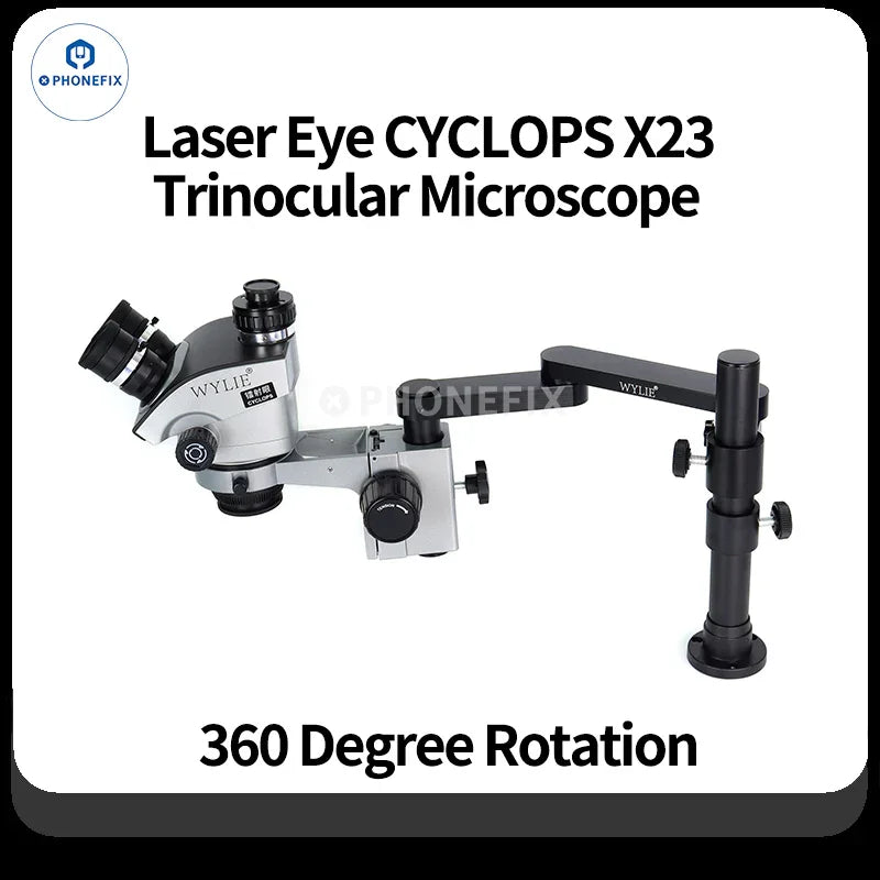 WYLIE X23 7-50X trinocular zoom microscope with 4K camera, featuring adjustable magnification and ergonomic design for detailed viewing.