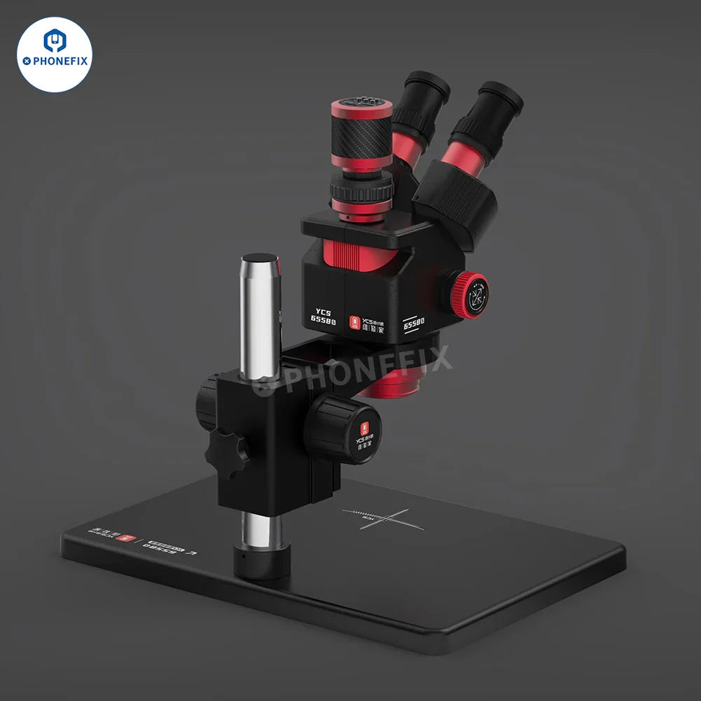 Microscopio trinocular HD YCS 6558S 6.5-58X con cámara 4K de PHONEFIX, que muestra los oculares del microscopio y el zoom ajustable.