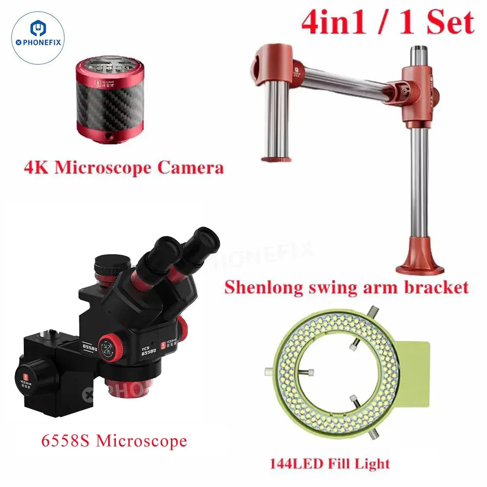 YCS 6558S 6.5-58X HD Trinocular Microscope with 4K camera and swing arm, detailed view of the PHONEFIX microscope setup