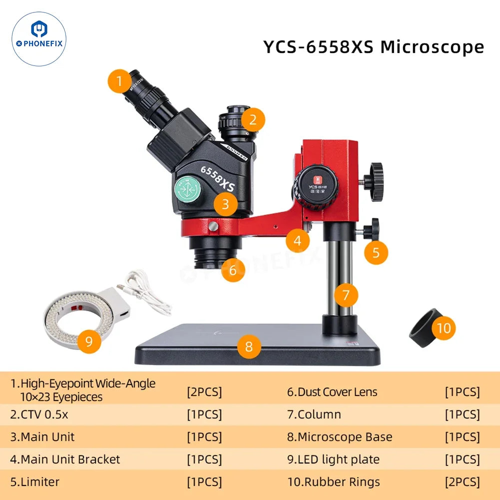 Microscopio trinocular HD YCS 6558XS de 6.5-58 aumentos con cámara 4K, zoom ajustable e imágenes de alta definición de PHONEFIX.