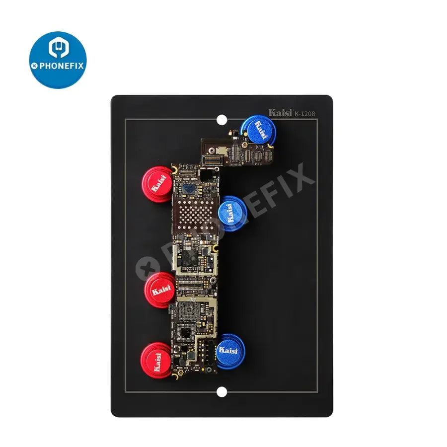 PHONEFIX universal PCB board holder test fixture with magnetic support for soldering and repair of motherboards.