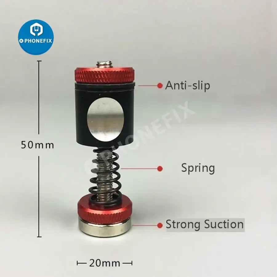 Support magnétique PHONEFIX pour circuits imprimés avec pince à ressort à ventouse, idéal pour la réparation de cartes mères, le test et la fixation sécurisés des circuits imprimés.