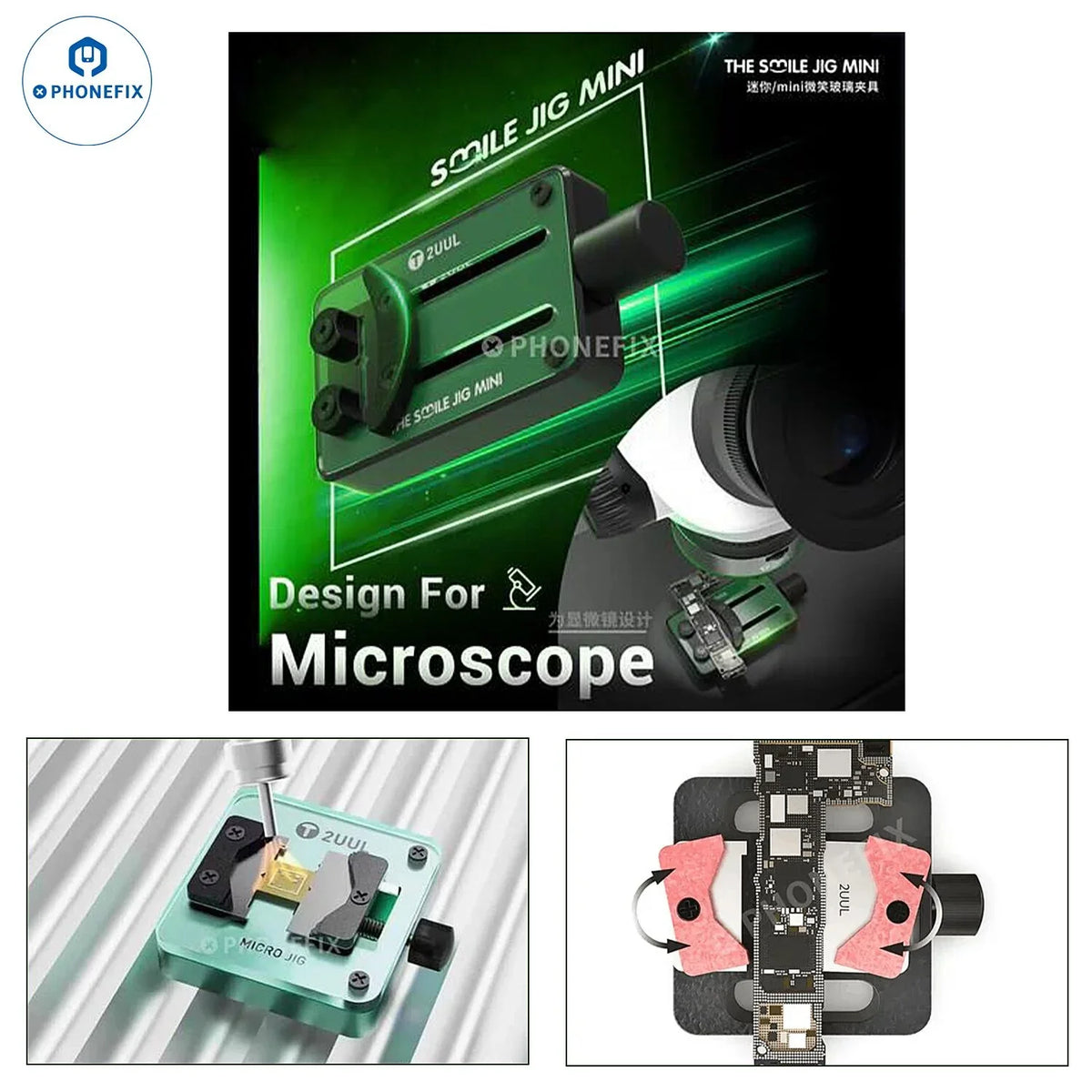 PHONEFIX 2UUL Mini Chip Jig for phone motherboard repair, universal phone board holder and test fixture tool.